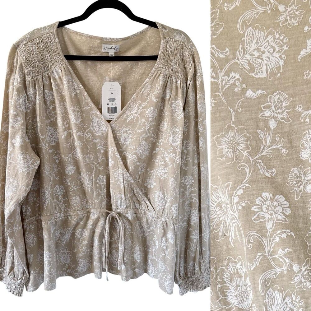 NEW Wonderly Plus Size Tie Waist Peplum Blouse Top Shirt V-Neck Cotton 4X India